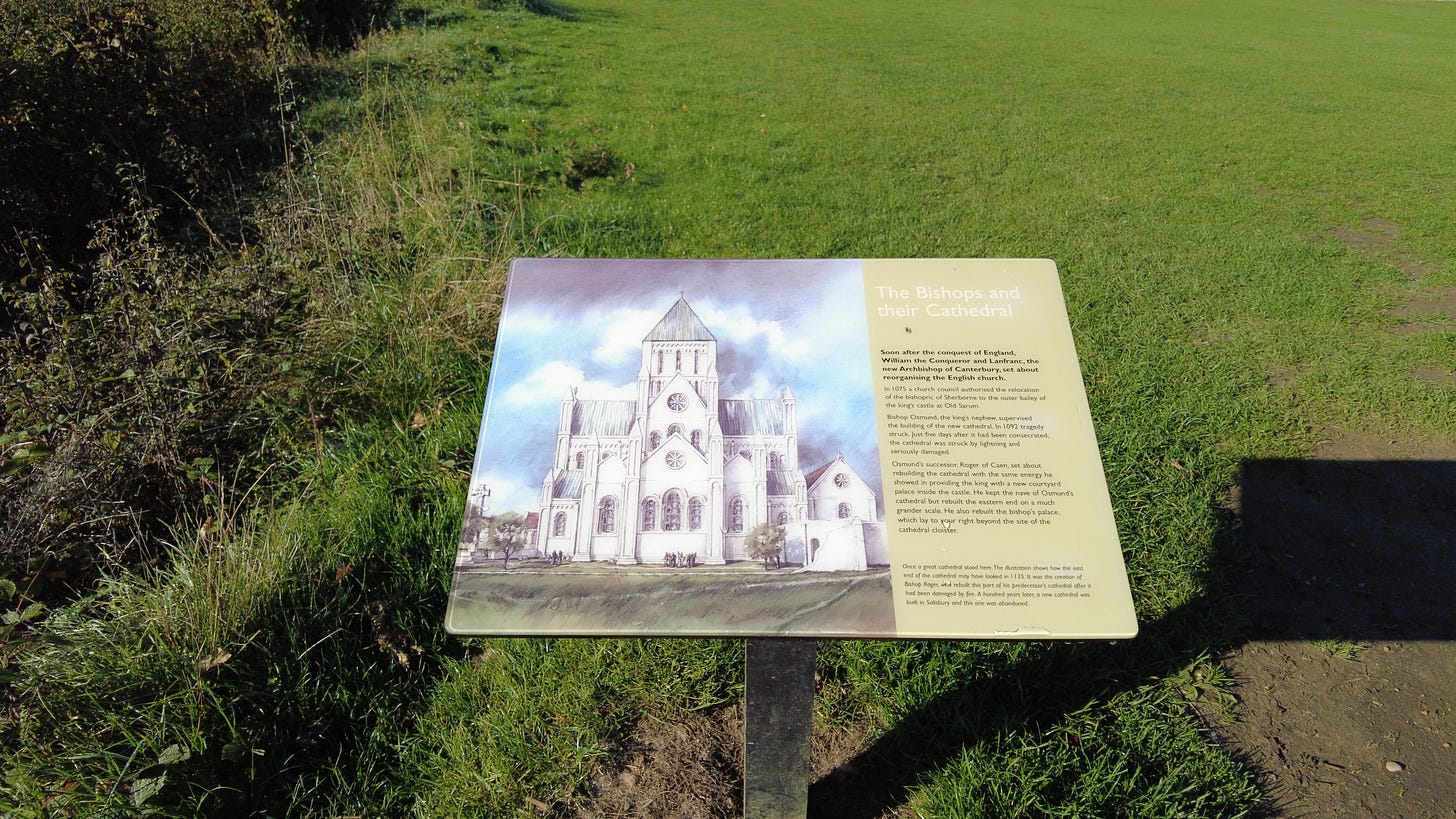 An information board showing how Old Sarum Cathedral would have looked after being upgraded.