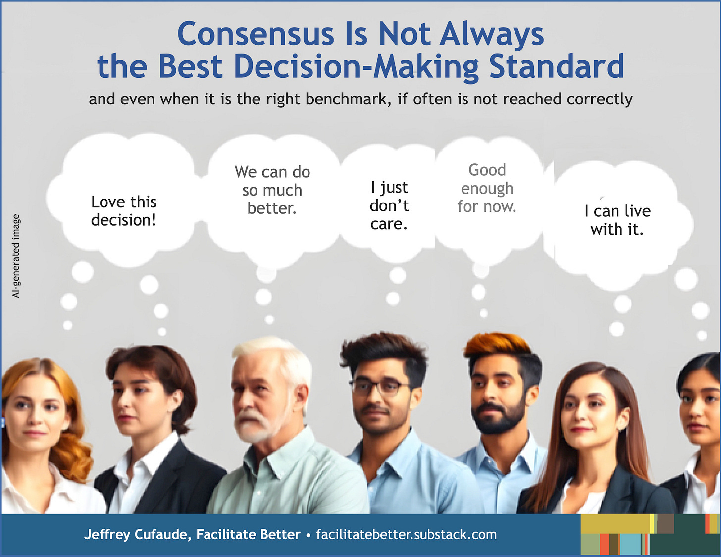 Diverse group of seven people with thought bubbles above their heads indicating their thinking about a decision that has been reached.