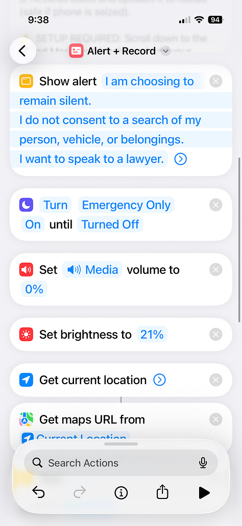 iPhone Shortcuts automation gallery showing each step of an emergency workflow: sending a text with location, enabling Emergency Only focus, starting audio recording, saving the file to iCloud Drive, and appending it to a note.