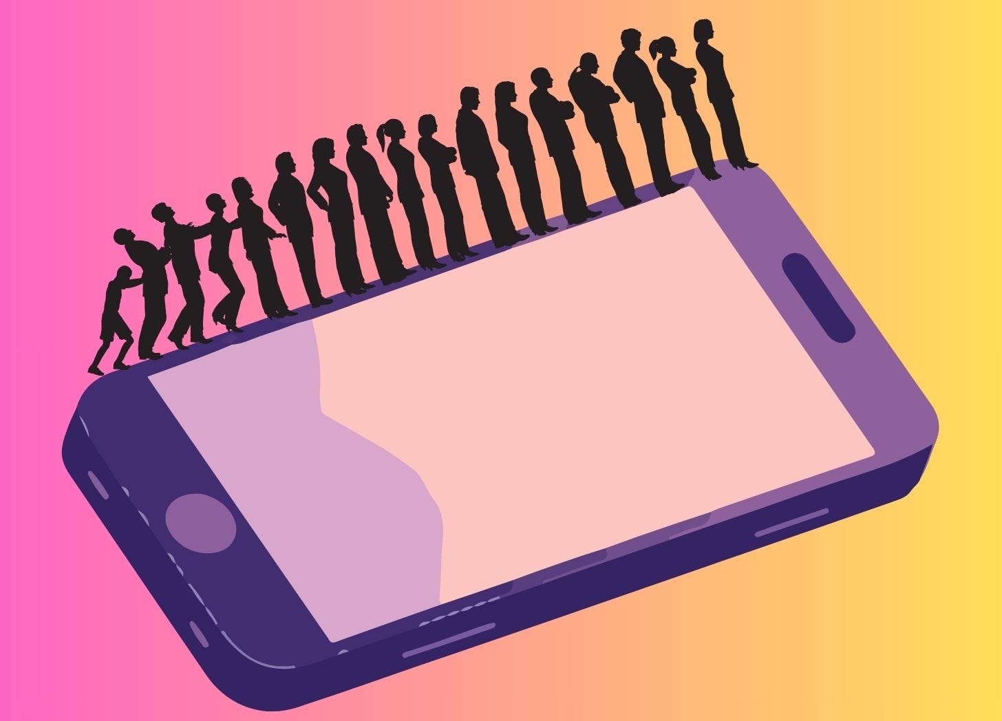 A line of people pushing eachother off a massive smartphone, from a post on Andrew Kooman's Substack A line of people pushing eachother off a massive smartphone, from a post on Andrew Kooman's Substack