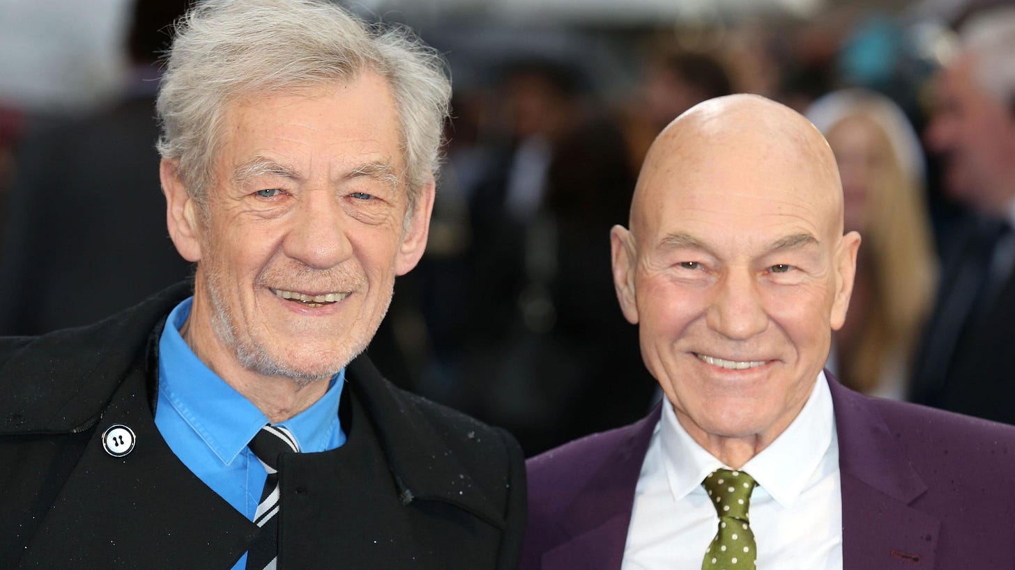 Sir Ian McKellen and Patrick Stewart attend the UK Premiere of "X-Men: Days of Future Past" at Odeon Leicester Square on May 12, 2014 in London, England.