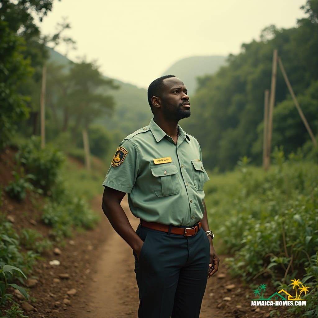 African Caribbean planning officer, dressed in professional attire, standing in a lush Jamaican landscape, surveying a development site, with a serious expression, surrounded by dense foliage and rugged terrain, as if contemplating the implications of a Prohibitory Injunction, captured in a cinematic film still, with a warm, golden color palette, subtle film grain, and a pronounced vignette, evoking the works of Roger Deakins