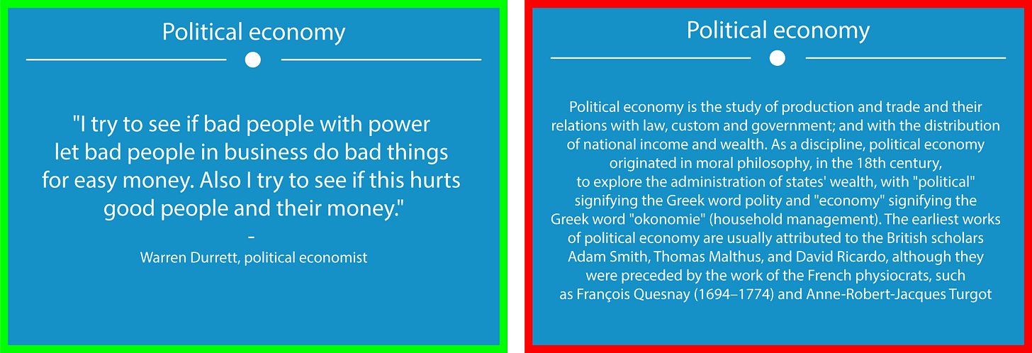 An illustration of the personalisation principle. The left panel shows a simple, conversational quote from a political economist. The right panel shows a dense, academic definition of political economy.