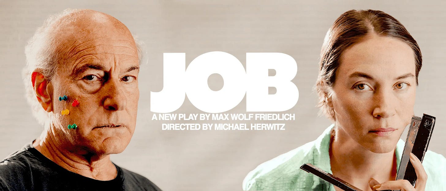 Peter Freidman with thumbtacks in his face and Syndey Lemmon stapling her cheek. Hero Image for Job the Play over text "A new play by Max Wolf Friedlich. Directed by Michael Herwitz"