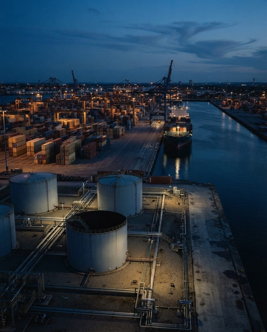 Realism editorial illustration: cargo and storage at an anonymous port