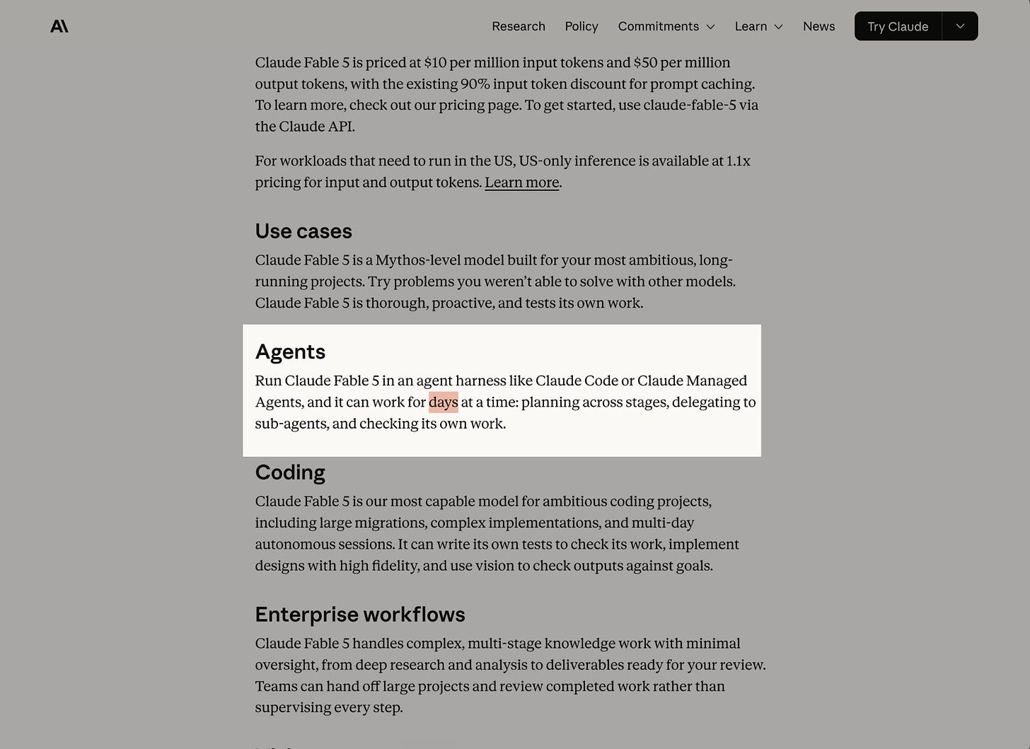 Screenshot of Anthropic’s Claude Fable page with highlighted text showing how long the model can work autonomously on a task. Screenshot of Anthropic’s Claude Fable page with highlighted text showing how long the model can work autonomously on a task.