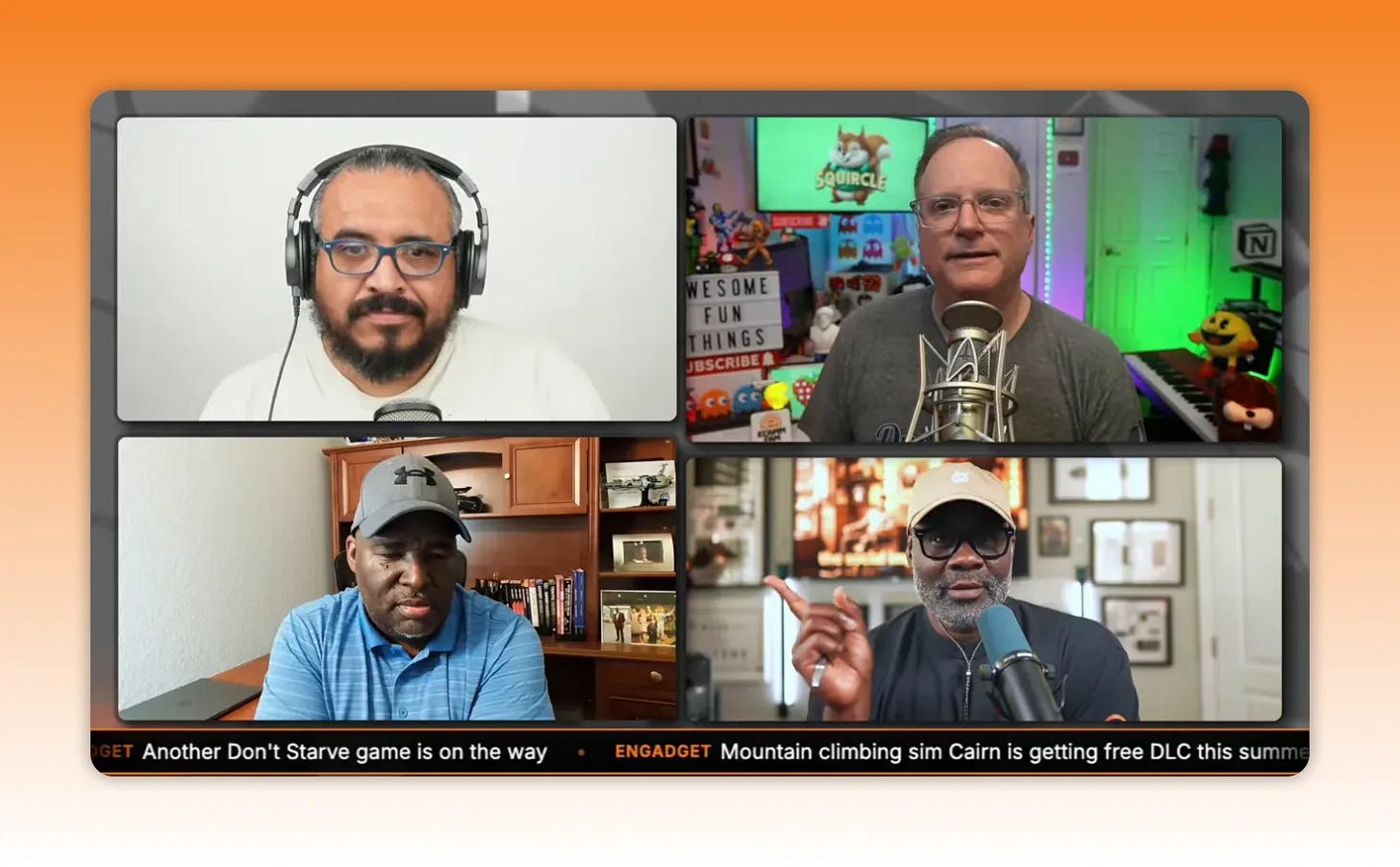 Four-person livestream video call grid discussing dual-aspect streaming and real estate usage