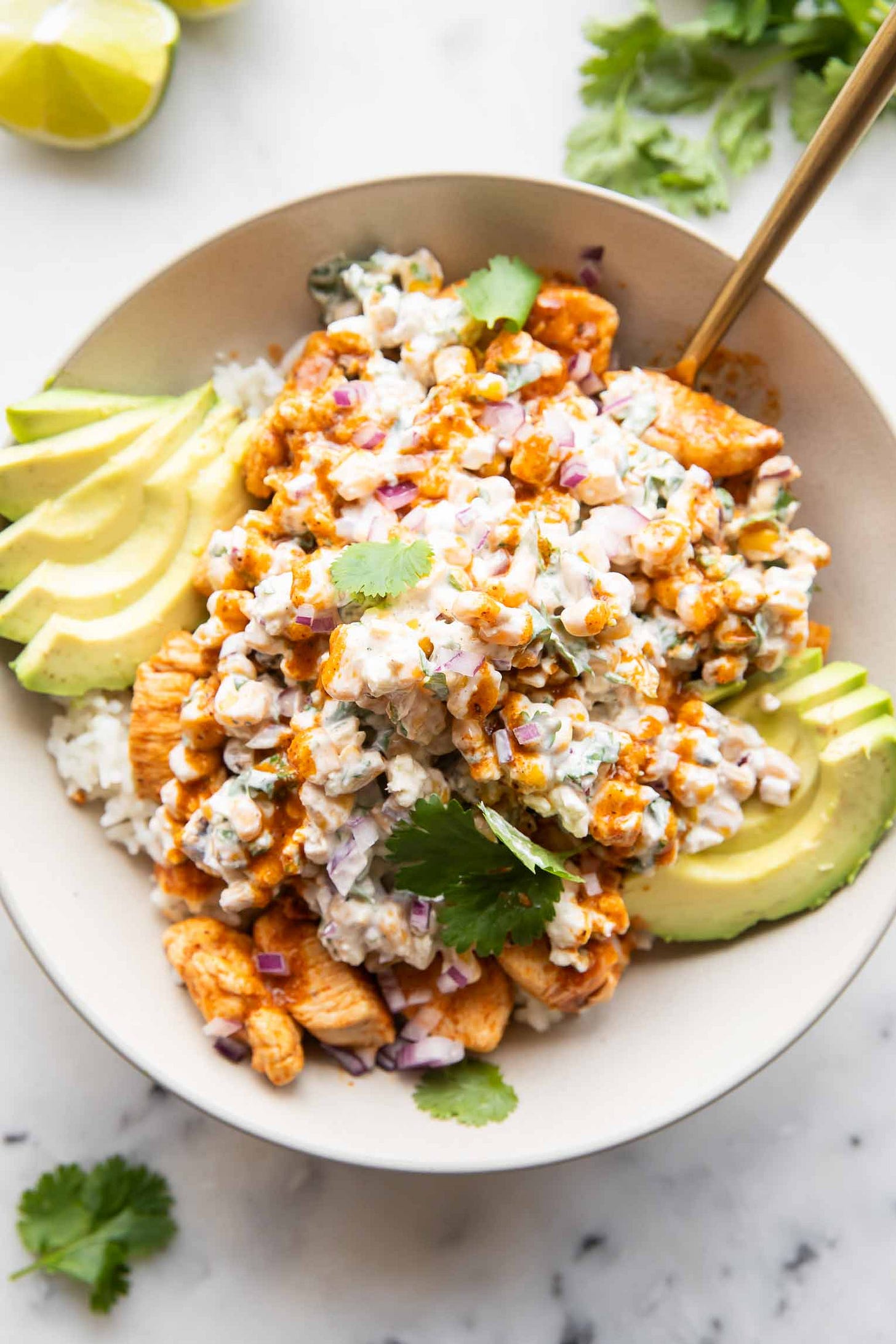 Mexican street corn chicken bowl.
