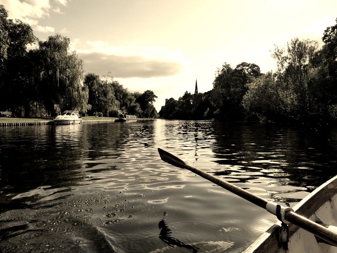 a boat traveling down a river next to a lush green forest a boat traveling down a river next to a lush green forest