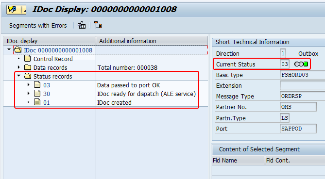 iDoc created from the output shown in transaction we02. idc status 03 (data passed to port ok). iDoc has passed through stats 01 (idol created) to 30 (idol ready for dispatch) to status 03.