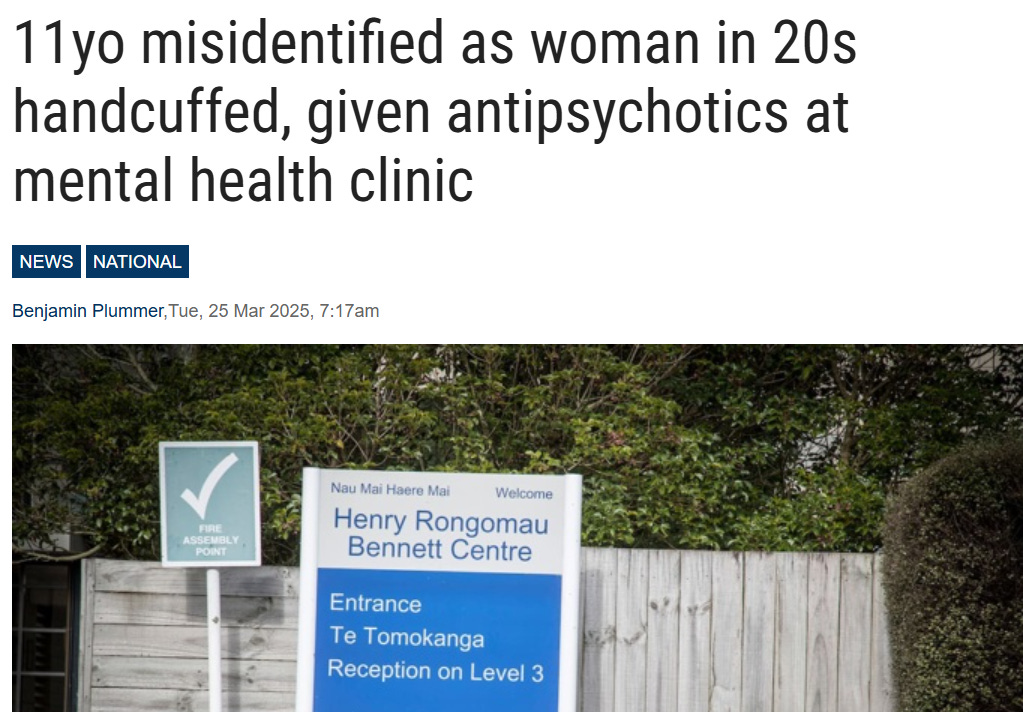 headline reads, 11yo misidentified as 20yo woman, handcuffed, given antipsychotics at mental health clinic