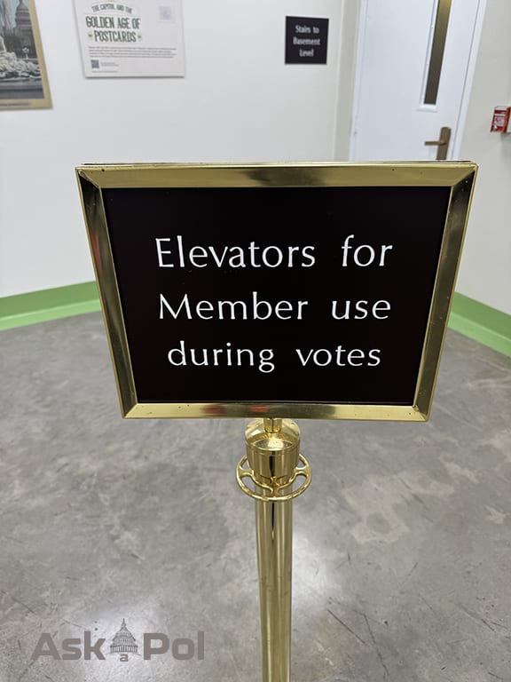 Sign in basement of US Capitol reads "Elevators are for Members Only during votes." Photo: Matt Laslo © www.askapoldrugs.com