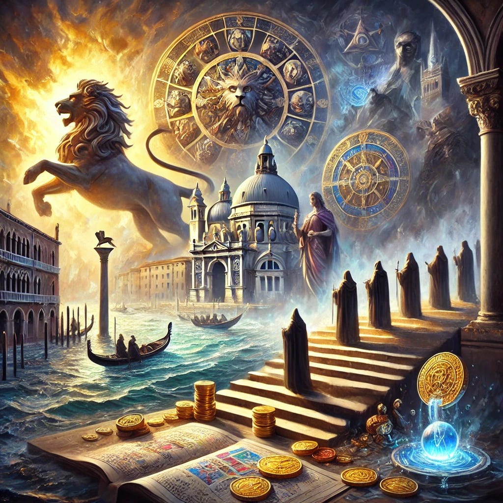 A vibrant square oil painting depicting the power dynamics of the Venetian Republic. The Grand Canal of Venice serves as the central element, illuminated with dramatic shadow and light. In the background, a stylized lion of St. Mark looms, symbolizing Venetian authority. Ten shadowy figures representing the Council of Ten stand on marble steps partially veiled in mist. The foreground features gold coins and ledgers scattered on a table under a focused beam of light, symbolizing financial innovation. Medieval maps with intricate details are held by a cloaked figure, and a Hermetic flame burns in a glass orb, symbolizing endless creation. The color palette includes rich golds, deep blues, and muted grays, with expressive brushstrokes emphasizing water and Venetian architecture.