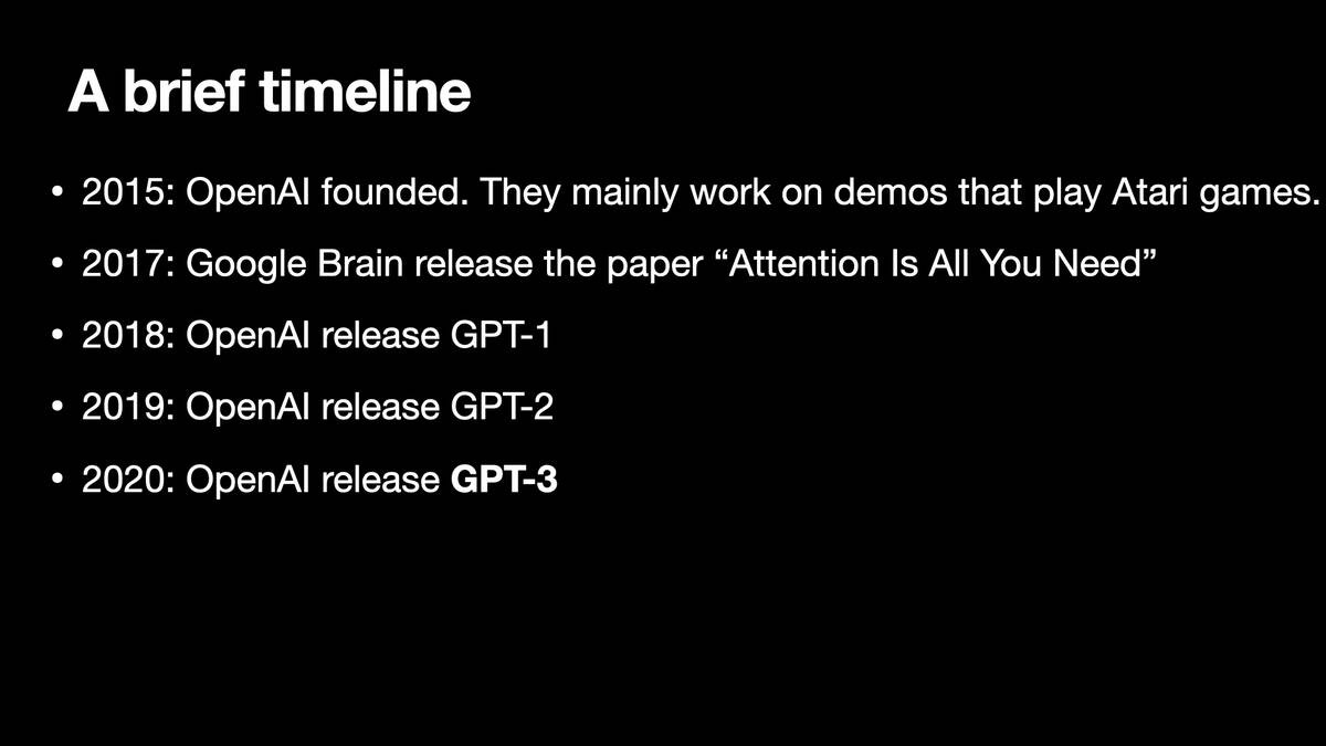 2018: OpenAI release GPT-1
2019: OpenAI release GPT-2
2020: OpenAI release GPT-3
