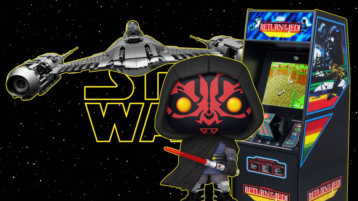 mandalorian lego set, darth maul funko pop, and return of the jedi arcade machine on a starry star wars background.