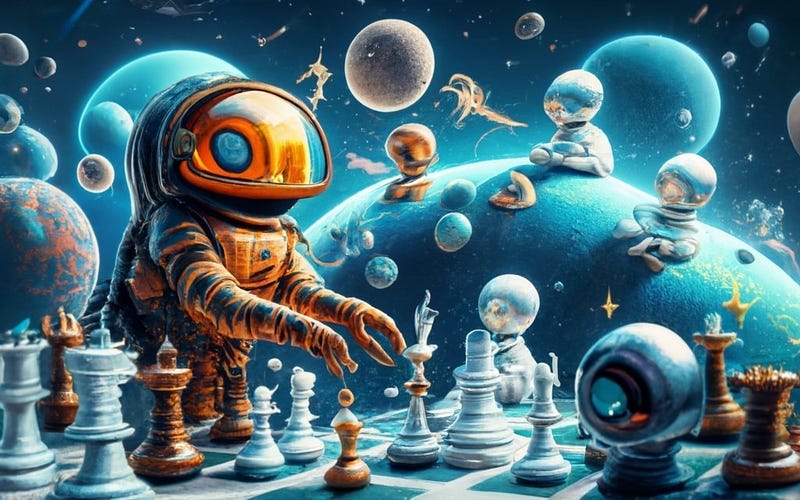 cosmic video game in outerspace with interdimensional aliens.