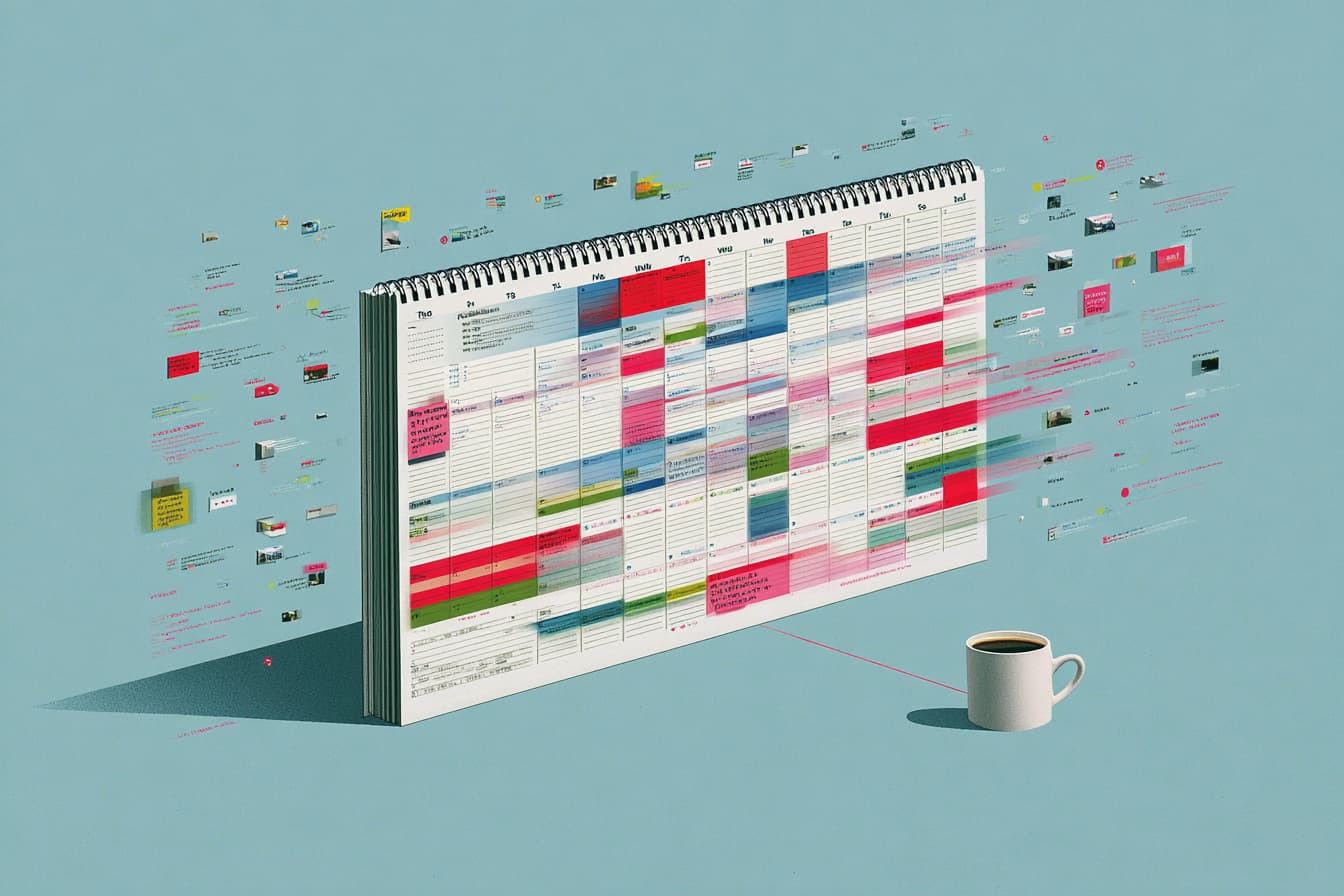 a jumbled calendar with information flying through the air