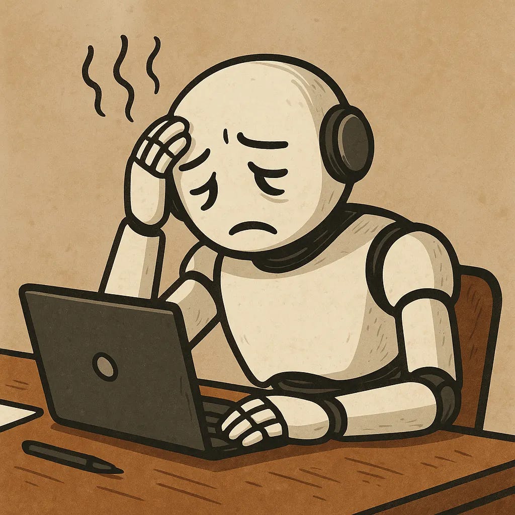 Frustrated robot at laptop representing the limits of generic AI content creation