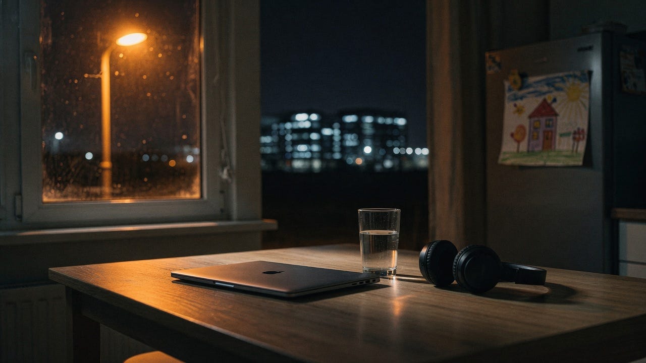 Closed laptop on a wooden kitchen table at night, glass of water and over-ear headphones beside it, child's drawing on the fridge, city lights visible through a rain-speckled window, warm lamplight, quiet domestic scene Closed laptop on a wooden kitchen table at night, glass of water and over-ear headphones beside it, child's drawing on the fridge, city lights visible through a rain-speckled window, warm lamplight, quiet domestic scene