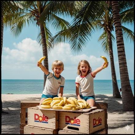 Two children sitting on a box with bananas

AI-generated content may be incorrect.