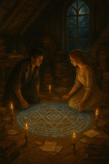 A teleportation circle glows faintly on aged stone floorboards in a dimly lit chamber. The circle is etched with chalk and copper filament, surrounded by arcane glyphs that spiral outward in precise symmetry. Candles flicker around the perimeter, casting long shadows across scattered tomes and parchment. The atmosphere is magical, mysterious, and charged with latent energy—capturing the remnants of a ritual space awaiting activation.