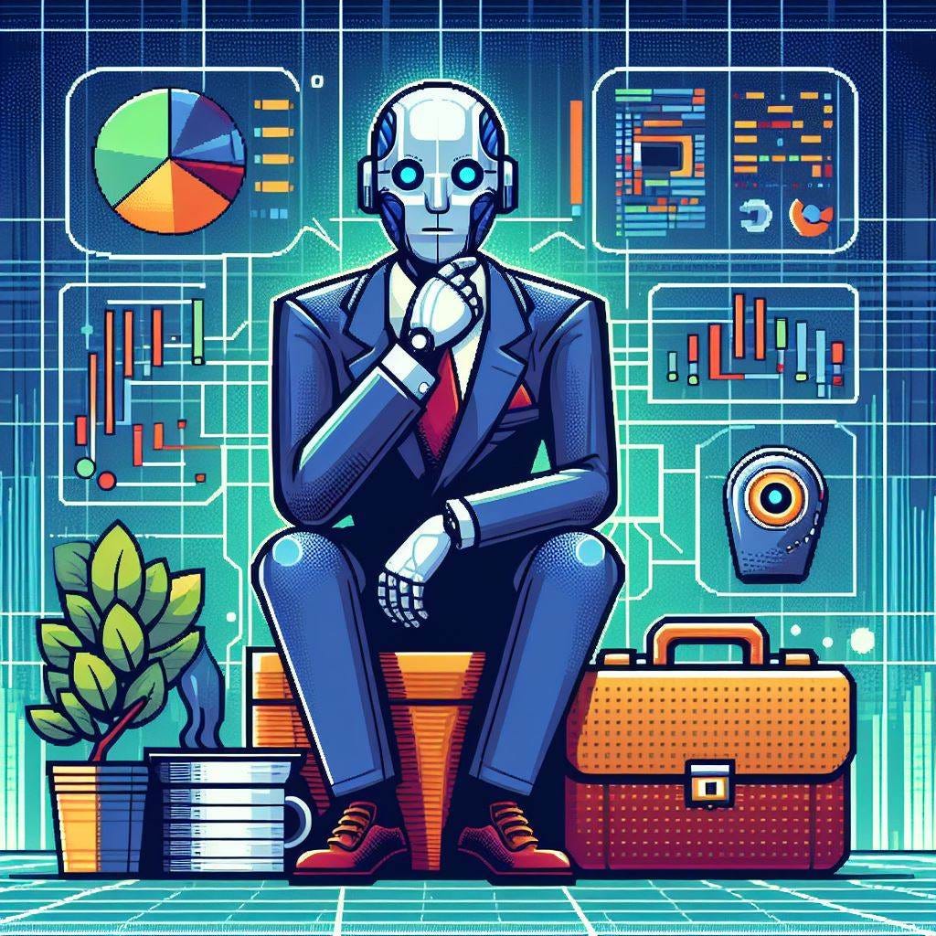 A funky pixelated graphic of a professional thinking of corporate strategy helped by an AI