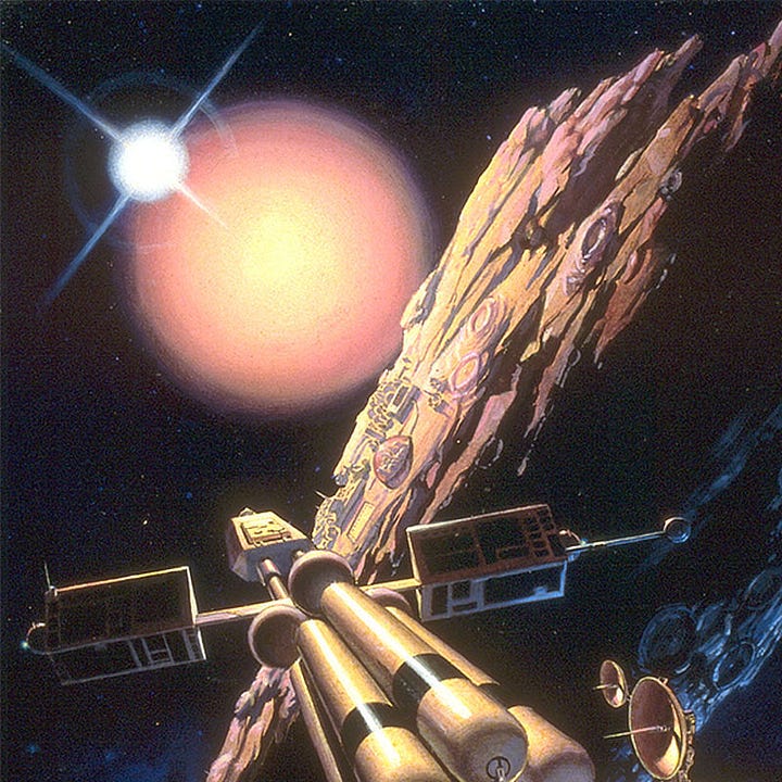 LEFT: Detail from OUTBOUND featuring a ship reminiscent of the Discovery from the movie 2001: A Space Odyssey.  RIGHT: Background detail from OUTBOUND featuring a closer look at the asteroid's surface. A dome and other structures hint at a colony or starbase there.