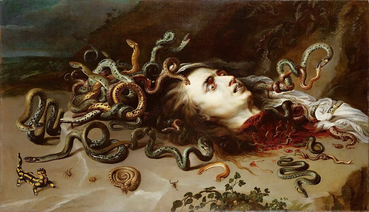Medusa pale head on cold ground with a nest of twisting snakes