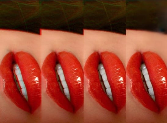 four glossy red lips repeated sideways