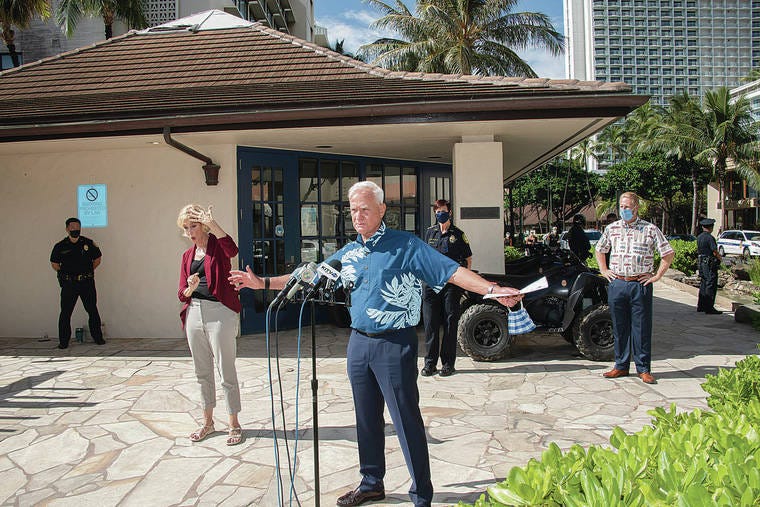 CRAIG T. KOJIMA / CKOJIMA @STARADVERTISER. COM
                                Oahu won’t advance to Tier 3 if people can’t resist getting together. Mayor Kirk Caldwell discussed enforcement of COVID-19 rules and Halloween guidance Wednesday.