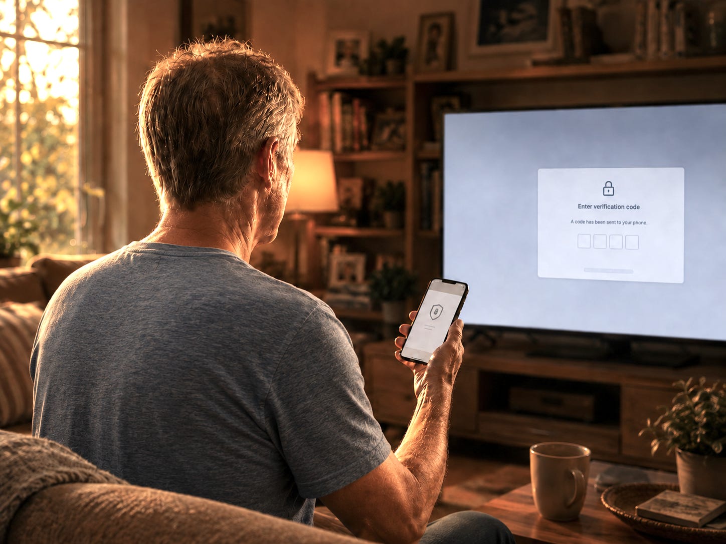 A man using his phone to enter a verification code displayed on his television
