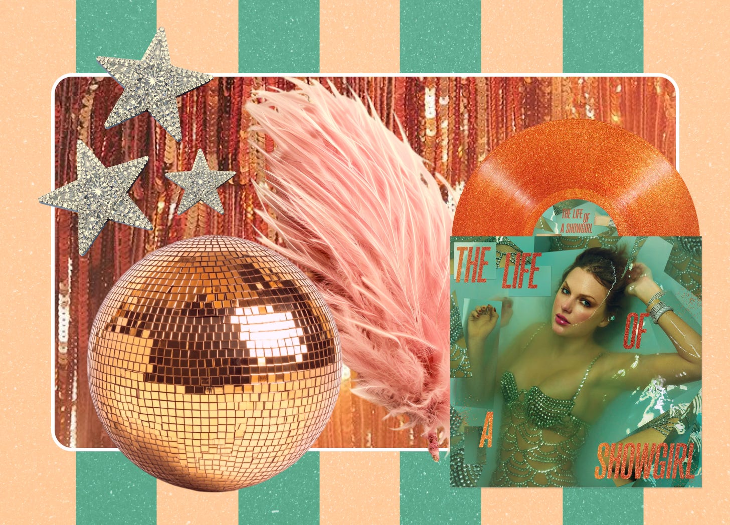 A collage-style image showing a disco ball, Taylor Swift's Life of a Showgirl Album cover, rhinestone stars, and a big feather against a teal and orange striped background.