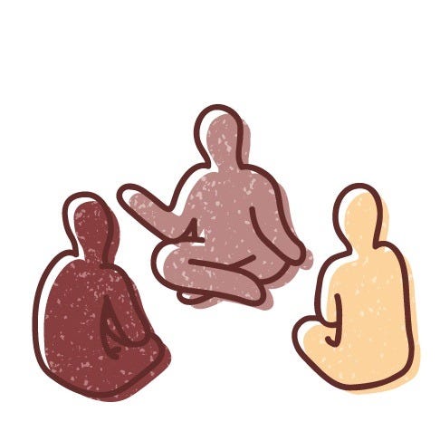 Illustration of three humanoid figures sitting on the ground facing in towards each other, with the one in the middle mediating the conversation between the other two.