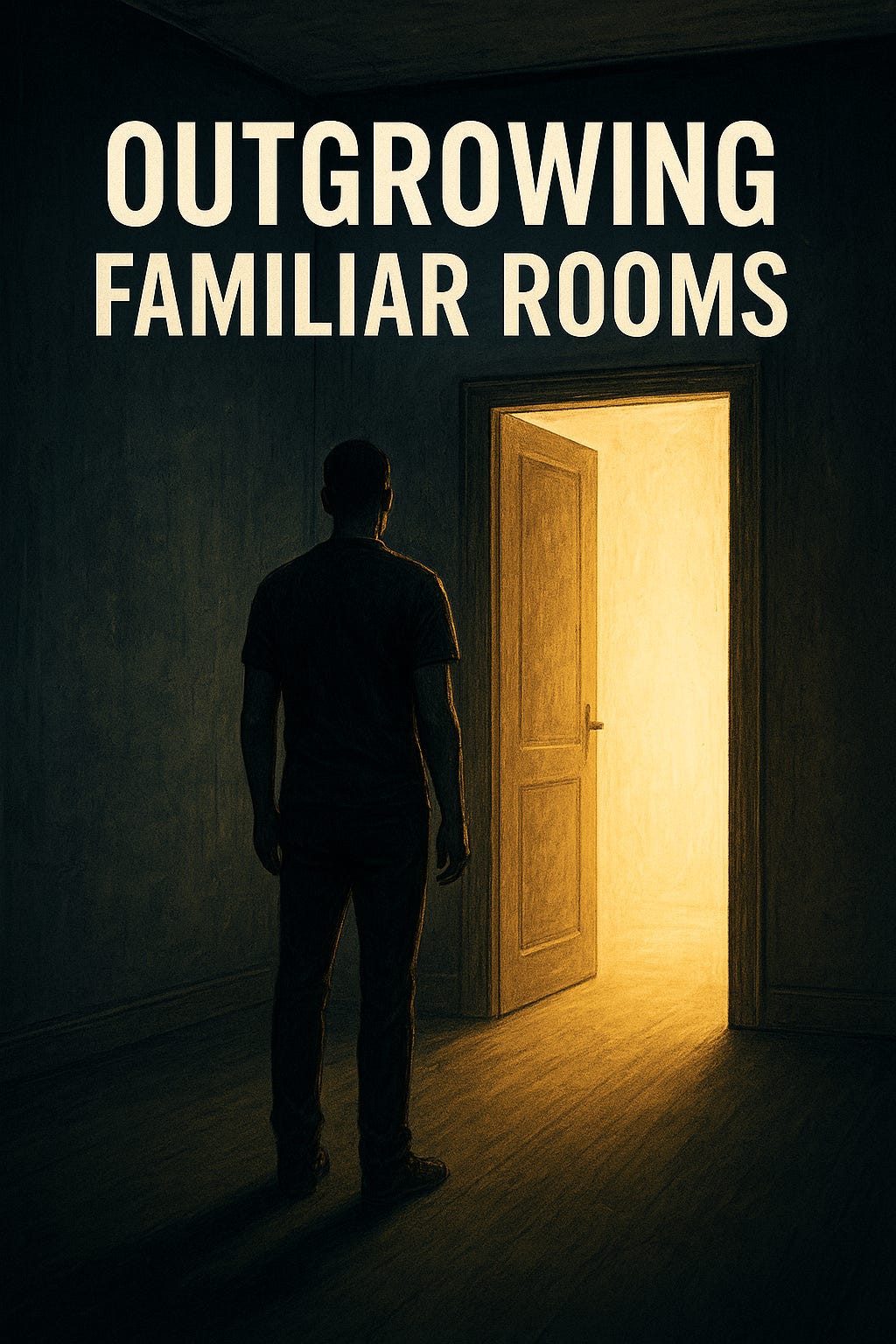 A man stands in a dim room facing an open doorway filled with light. The scene symbolizes growth, clarity, and the courage to move beyond familiar spaces.