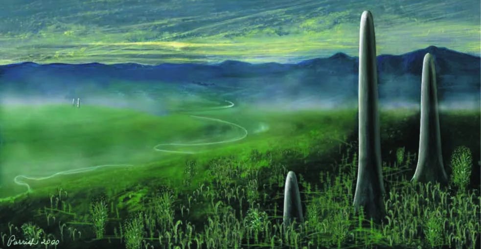 a painting in which giant spires stand over a grassy landscape with mountains in the background a painting in which giant spires stand over a grassy landscape with mountains in the background