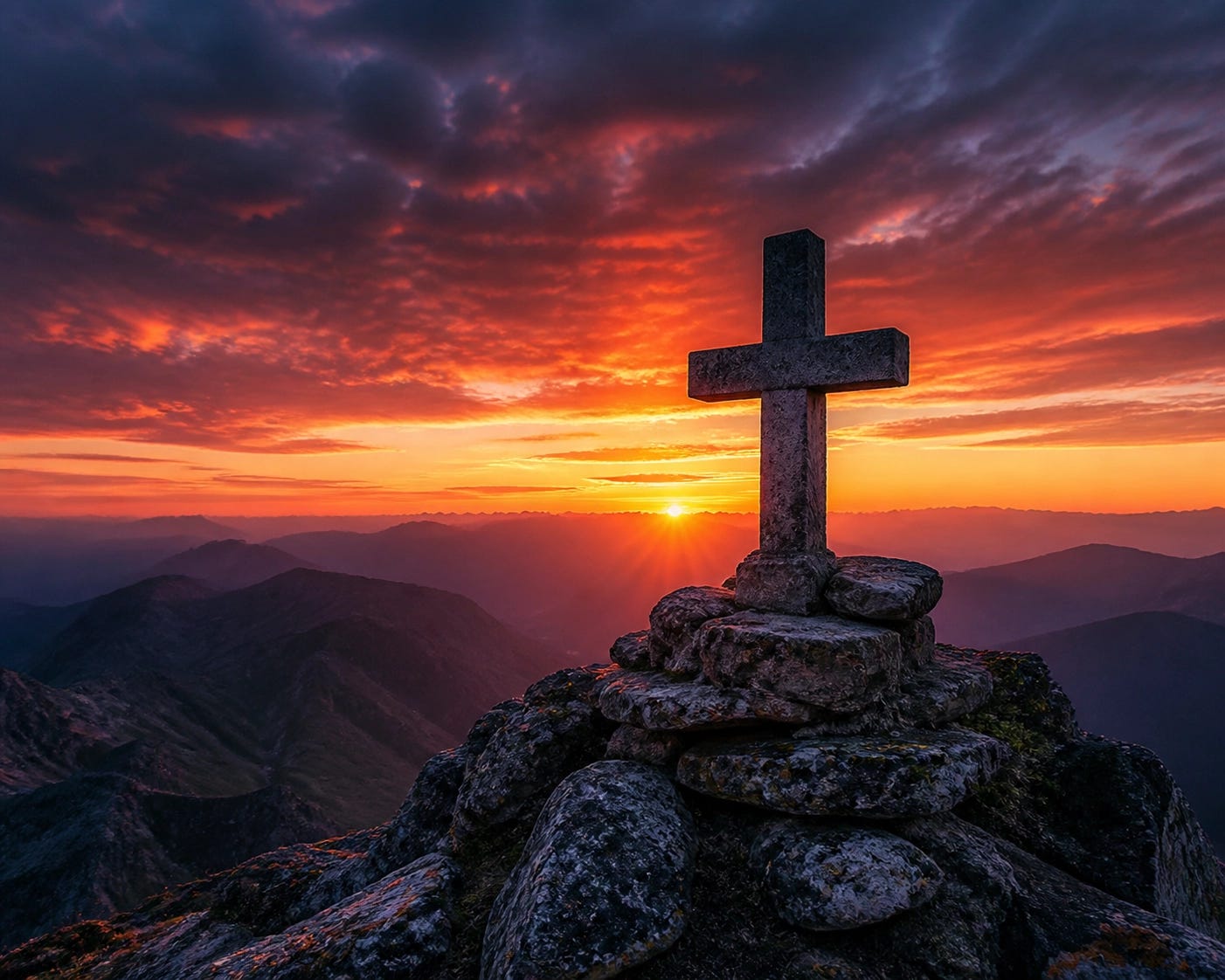Stone cross silhouetted on a mountain peak at sunset, representing the transformative Catholic spirit in America. Stone cross silhouetted on a mountain peak at sunset, representing the transformative Catholic spirit in America.