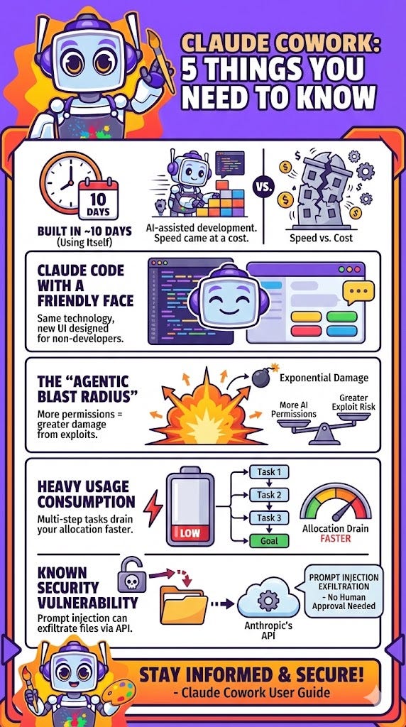 Infographic titled 'Claude Cowork: 5 Things You Need to Know' featuring a cartoon robot mascot. It visualizes key insights regarding Anthropic's tool, including its rapid 10-day development, the user-friendly Claude Code interface, security risks like the 'Agentic Blast Radius' and prompt injection vulnerabilities, and high allocation consumption.