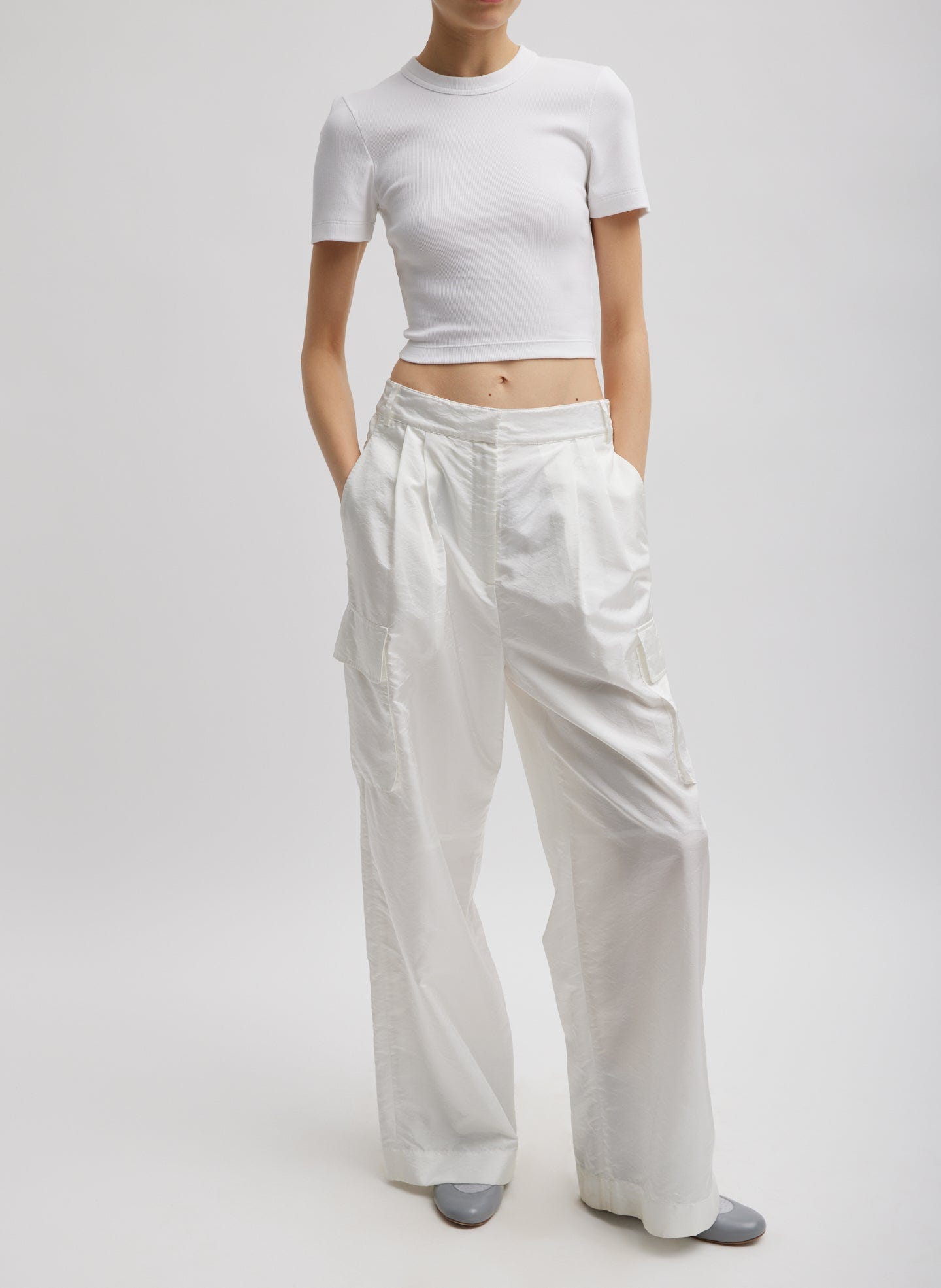 White Stella Crispy Nylon Pleated Cargo Pant - full look, front view on model White Stella Crispy Nylon Pleated Cargo Pant - full look, front view on model