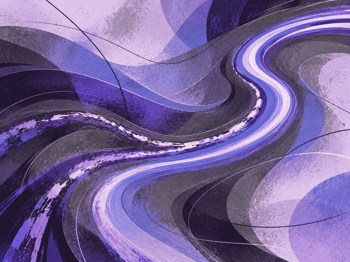 Abstract purple and lavender composition of layered curved paths, with one bright, smooth groove standing out while a rougher parallel line gradually bends toward it, suggesting the recognition of a familiar path or feeling. Abstract purple and lavender composition of layered curved paths, with one bright, smooth groove standing out while a rougher parallel line gradually bends toward it, suggesting the recognition of a familiar path or feeling.