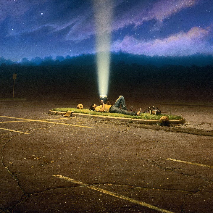 LEFT: Detail from THE ASTROPHYSICIST featuring a narrow grassy island surrounded by blacktop striped yellow for parking spaces. A man lies on his back there shining a spotlight up to the heavens. A swath of trees runs shadowy along the horizon. Above a beautiful night sky of swirling celestial clouds is interrupted only briefly by the stippling of stars.  RIGHT Detail from THE ASTROPHYSICIST featuring a desolate parking lot. The cracked blacktop is striped with yellow paint. A man lies back on a narrow island covered with grass. Jumper cables run from a battery to the spotlight he is pointing straight up into the heavens.
