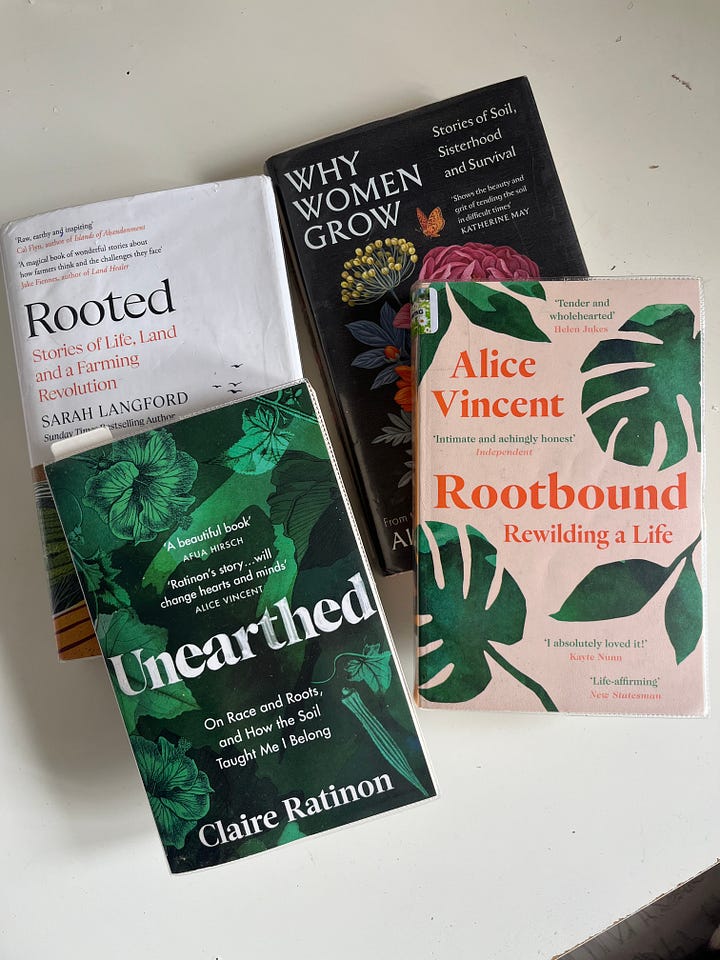 1. Books: Rooted, Unearthed, Rootbound and Why Women Grow; 2. Reading The Farmer's Wife with a coffee and bun.