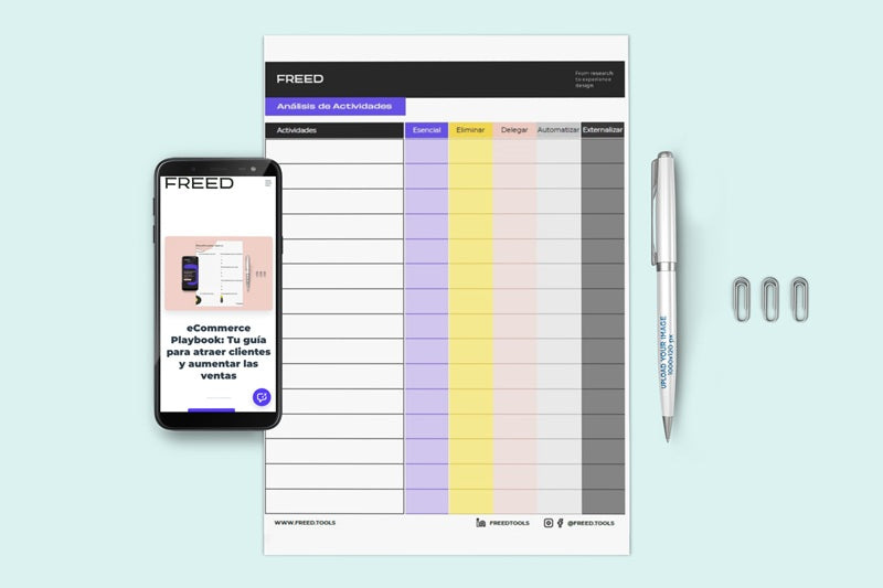 Imagen de la plantilla de análisis de actividades junto a un teléfono, un lápiz y unos clips. Imagen de la plantilla de análisis de actividades junto a un teléfono, un lápiz y unos clips.