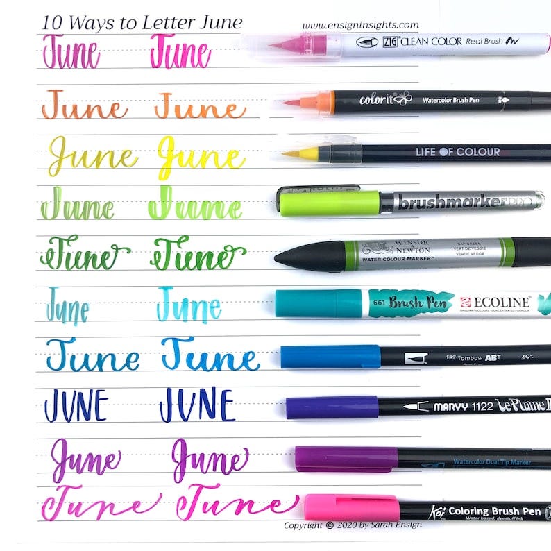 May include: 10 different ways to letter the word "June" using various brush pens. The pens are lined up vertically on the right side of the image. The pens are in the following colors: pink, purple, blue, turquoise, green, yellow, orange, and red.
