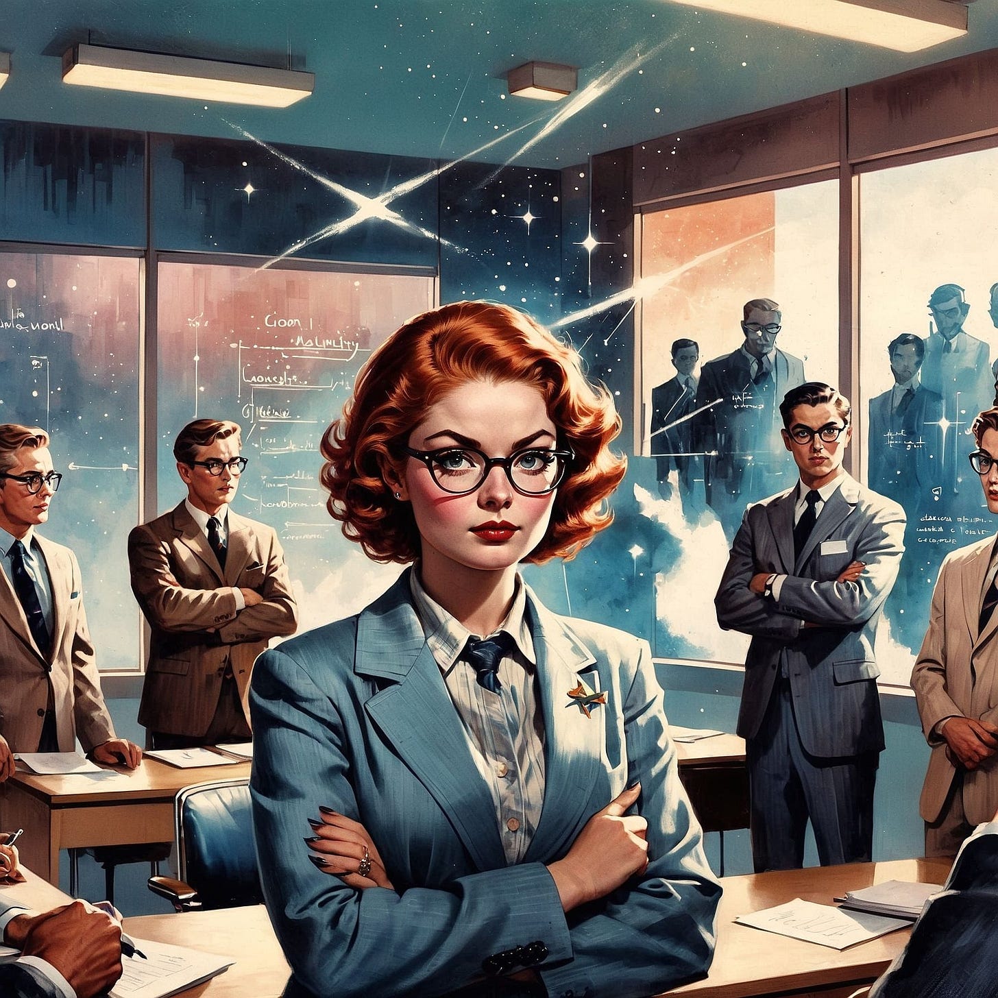 Stylized digital illustration of a confident red-haired woman in a light blue suit and glasses, standing with arms crossed at the front of a classroom or boardroom filled with suited men. Behind her, chalkboard-like glass walls display handwritten notes and cosmic visuals, blending stars, constellations, and equations. The scene evokes themes of leadership, intelligence, and trailblazing in a mid-century, space-age setting. The woman wears a star-shaped pin, symbolizing brilliance and authority in a male-dominated environment. Stylized digital illustration of a confident red-haired woman in a light blue suit and glasses, standing with arms crossed at the front of a classroom or boardroom filled with suited men. Behind her, chalkboard-like glass walls display handwritten notes and cosmic visuals, blending stars, constellations, and equations. The scene evokes themes of leadership, intelligence, and trailblazing in a mid-century, space-age setting. The woman wears a star-shaped pin, symbolizing brilliance and authority in a male-dominated environment.