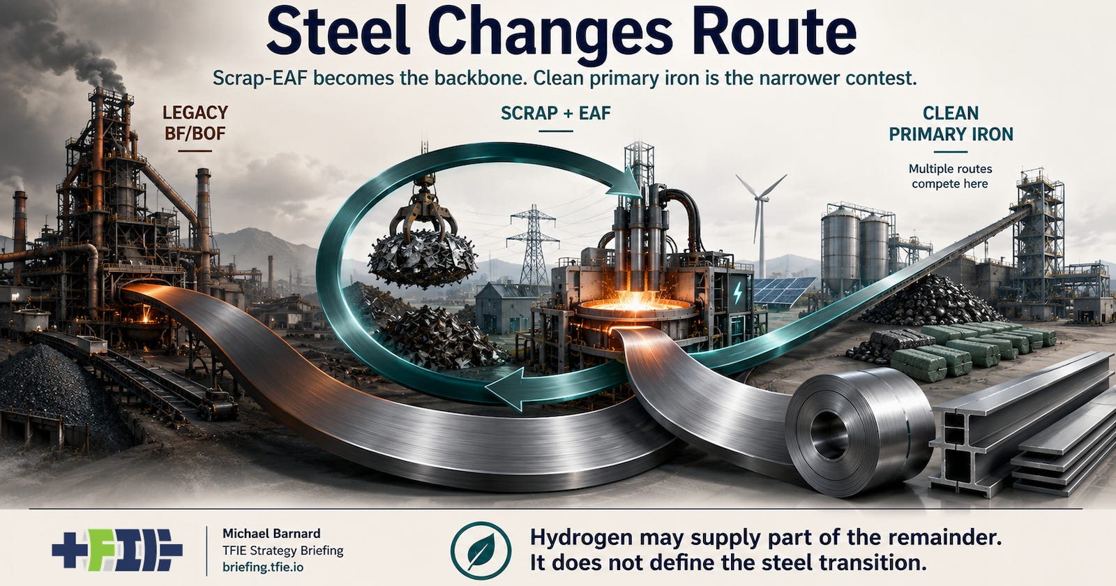 TFIE hero graphic showing a fading legacy blast-furnace route, a dominant scrap-and-electric-arc-furnace recycling loop, and a narrower clean-primary-iron stream feeding finished steel. TFIE hero graphic showing a fading legacy blast-furnace route, a dominant scrap-and-electric-arc-furnace recycling loop, and a narrower clean-primary-iron stream feeding finished steel.