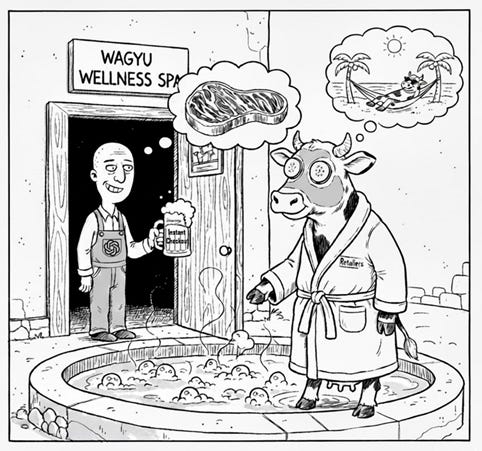 A cartoon of a cow in a bathrobe and a person in a robe

AI-generated content may be incorrect.