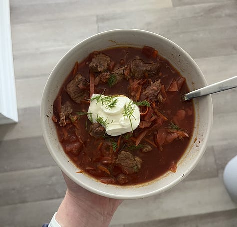 images of food including a sushi bowl, loaf of sourdough, and a bowl of borscht