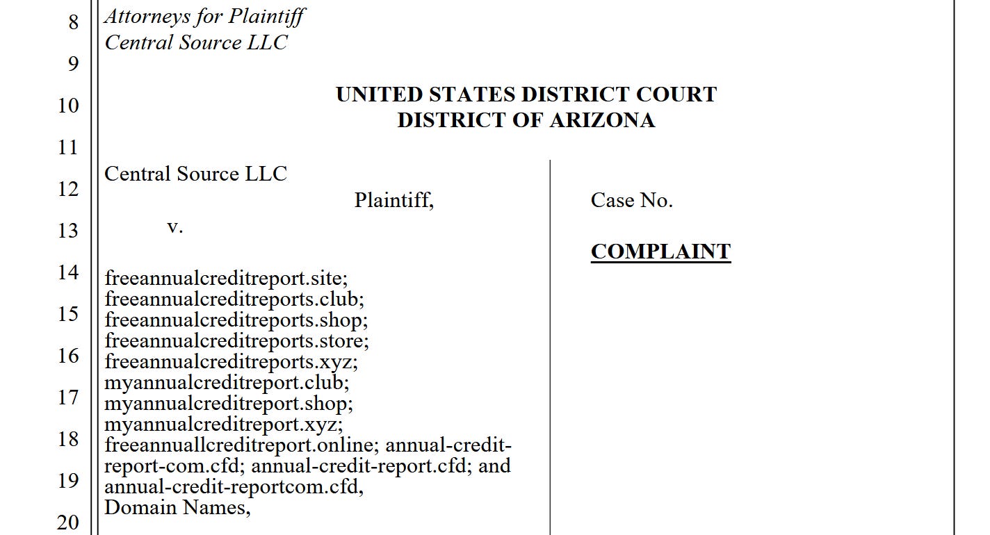 Annual Credit Report lawsuit against domain squatters