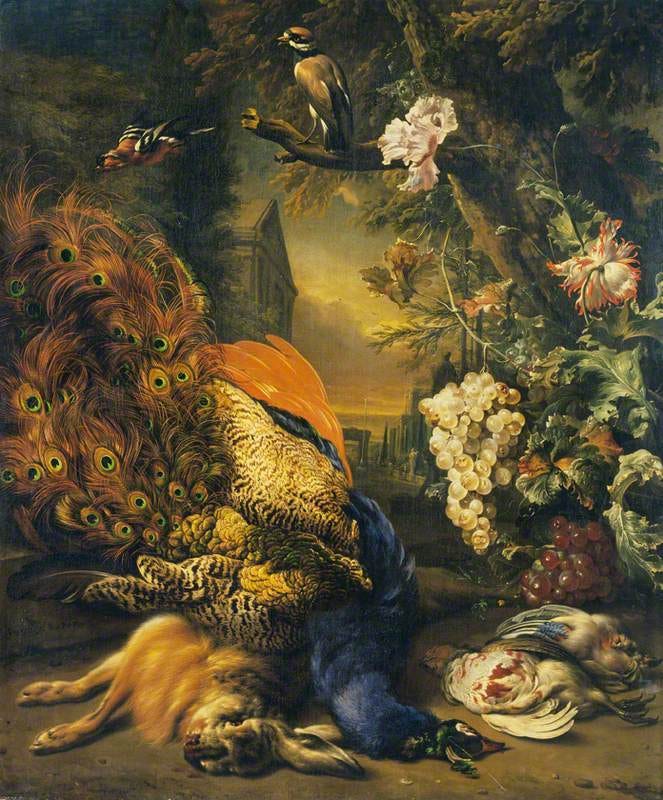 Hunting still life with a peacock