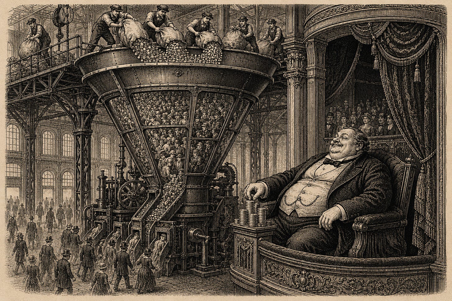 Wood-engraving editorial illustration in the Thomas Nast Harper's Weekly style for Attention Capital's essay The Rented Boom. A monumental Victorian funnel machine converts sacks of coins poured in at the top into crowds of tumbling figures, depositing one giant patron into a theater seat while ordinary viewers dissolve toward the exits. The image renders the micro-drama unit economics: paid user acquisition buys the funnel, the whale model carries the revenue, and the wide audience exists to find the heavy spender. Keywords: whale monetization, user acquisition financing, mobile gaming economics, micro-drama apps, paid UA, customer acquisition cost. Wood-engraving editorial illustration in the Thomas Nast Harper's Weekly style for Attention Capital's essay The Rented Boom. A monumental Victorian funnel machine converts sacks of coins poured in at the top into crowds of tumbling figures, depositing one giant patron into a theater seat while ordinary viewers dissolve toward the exits. The image renders the micro-drama unit economics: paid user acquisition buys the funnel, the whale model carries the revenue, and the wide audience exists to find the heavy spender. Keywords: whale monetization, user acquisition financing, mobile gaming economics, micro-drama apps, paid UA, customer acquisition cost.